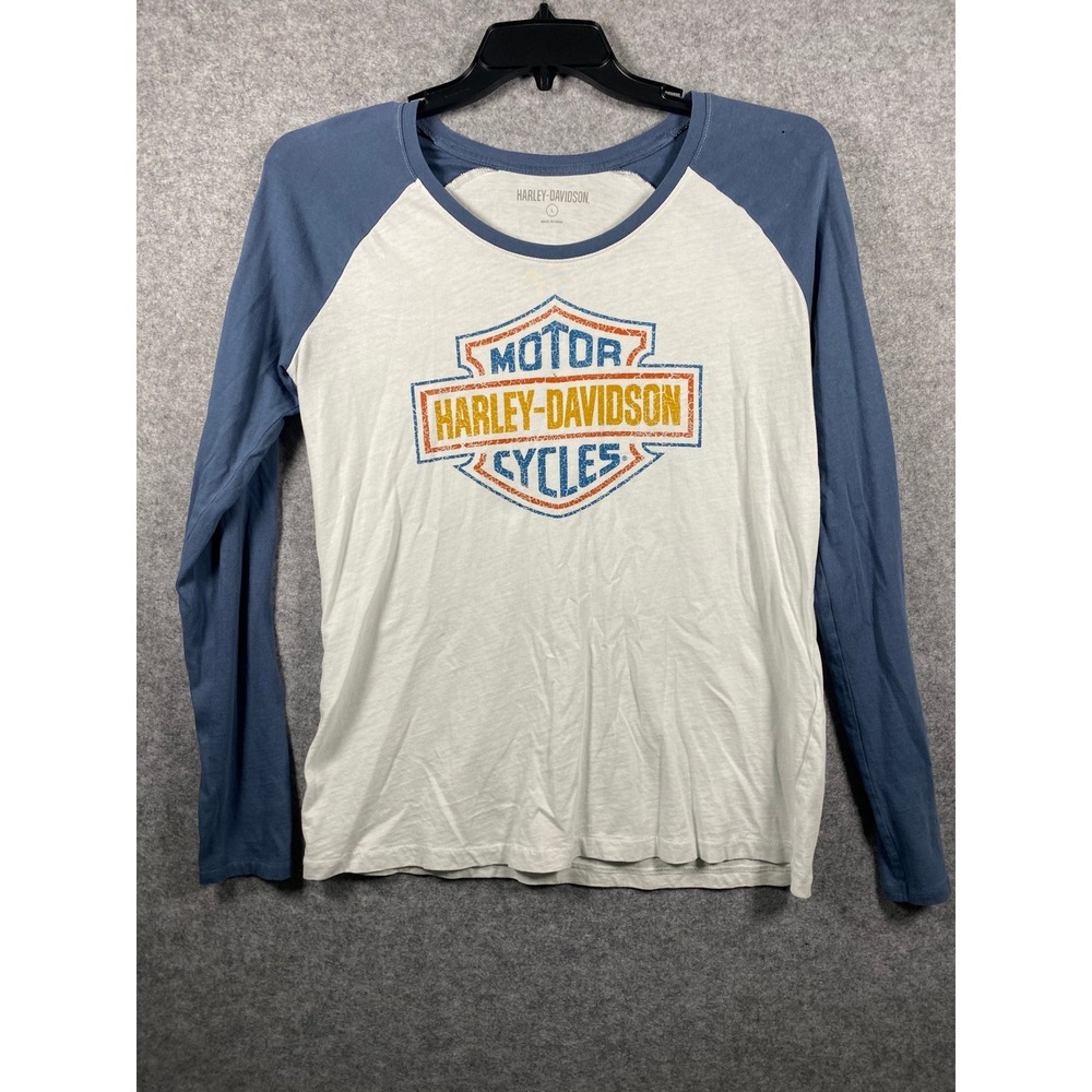 Harley-Davidson Womens Blue Cream Raglan Long Sleeve Shield Logo Graphic Tee L